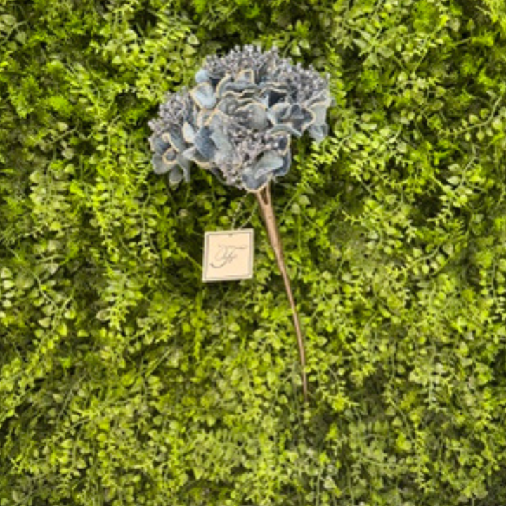 Farrisilk 6 inch steel blue artificial hydrangea with gold-trimmed petals and shimmering silver berry accents for Christmas trees, wreaths and floral arrangements.