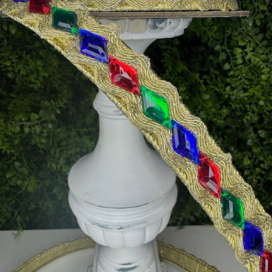 Farrisilk .75" X 5 YD Red, Emerald Green and Sapphire Blue Jester Jewels Wired Ribbon