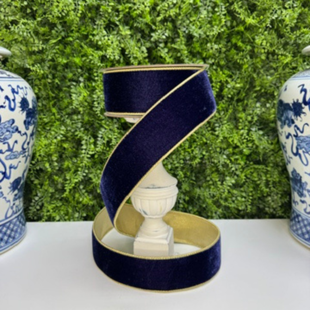 Farrisilk 2.5" x 10 YD Navy Flashy Velvet Wired Ribbon with Gold Back