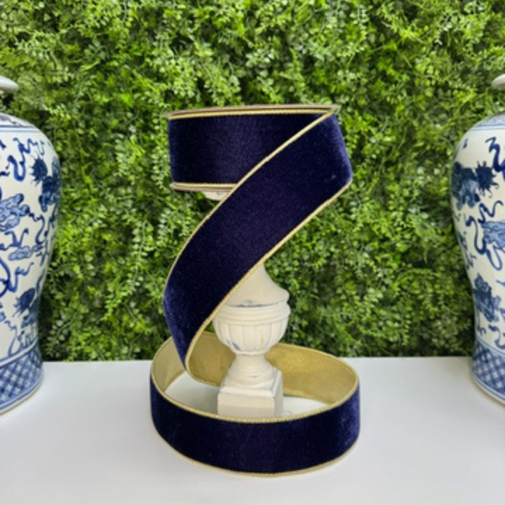 Farrisilk 2.5" x 10 YD Navy Flashy Velvet Wired Ribbon with Gold Back