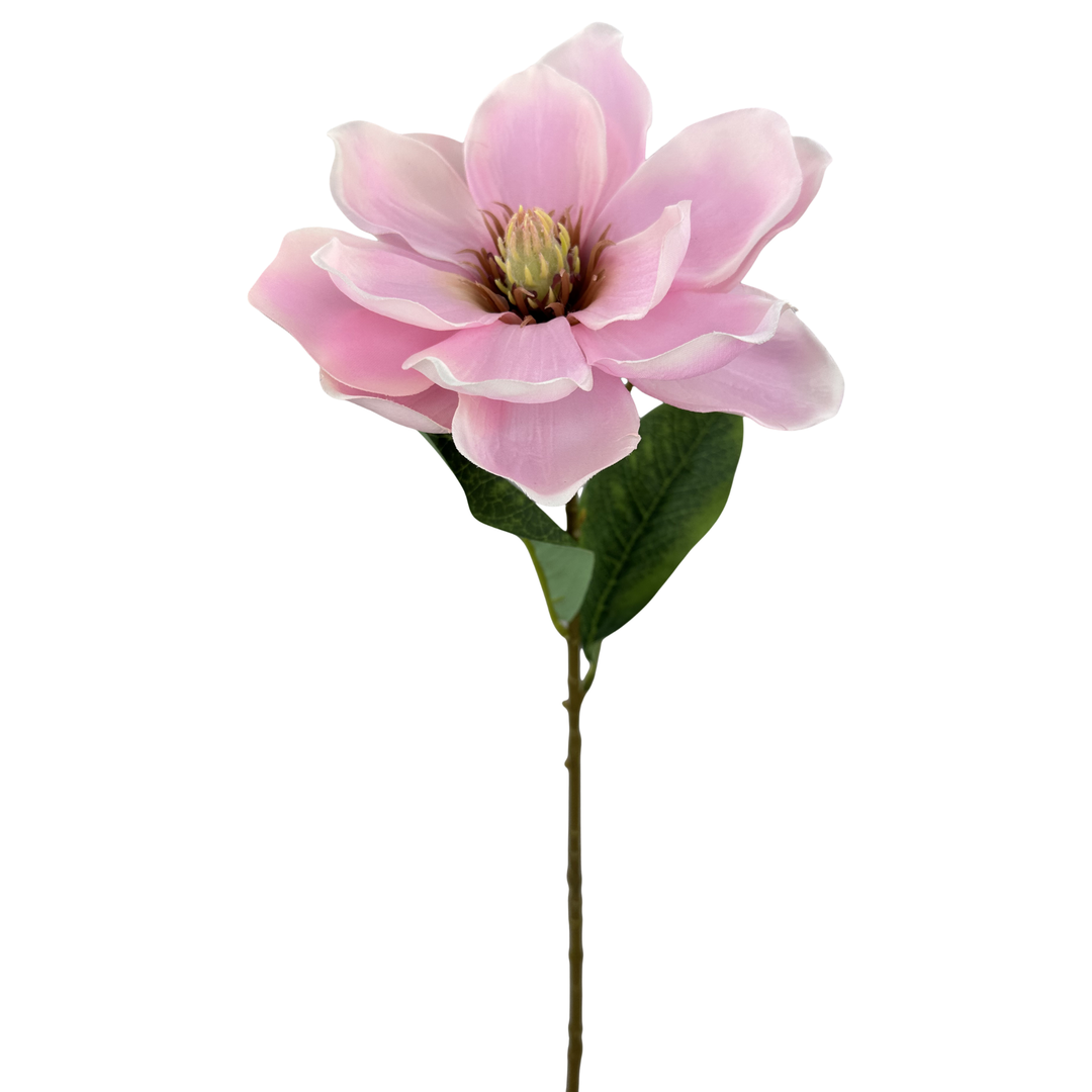 Pink artificial flower with green stem on a white background