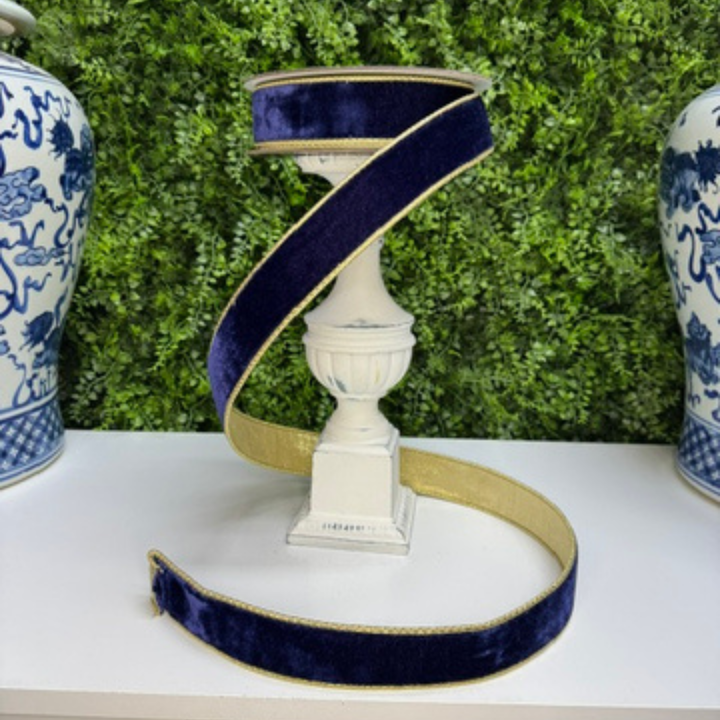 Farrisilk 1.5" x 10 YD Navy Blue Flashy Velvet wired ribbon with Gold back