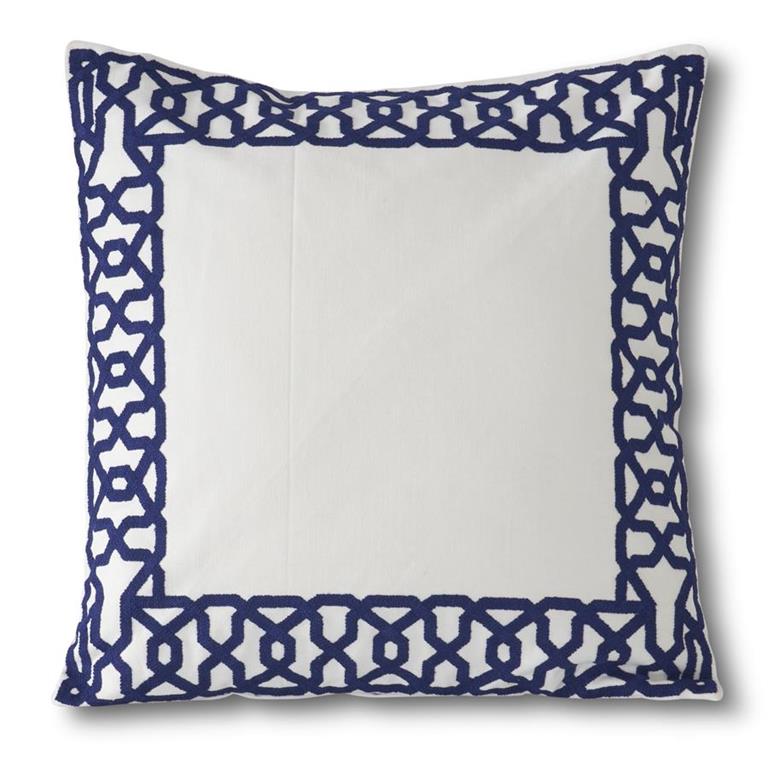 Decorative pillow with blue geometric pattern on a white background