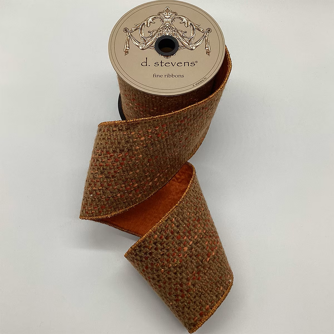 d. stevens 4 inch burgundy, orange and brown woven tweed structured wired ribbon displayed on a spool, perfect for designer bows, fall wreaths, floral arrangements and luxury autumn décor.
