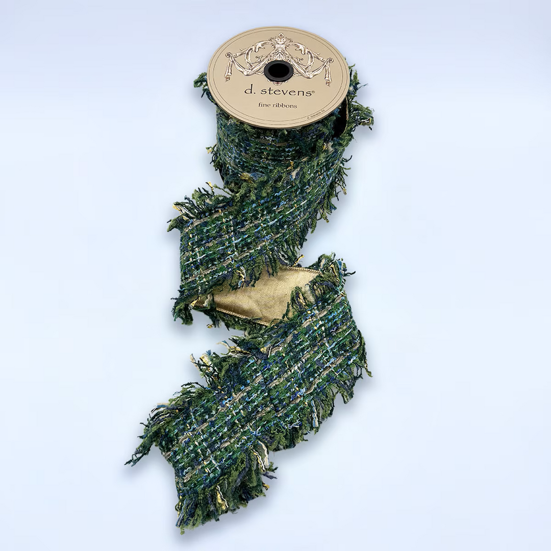 d. stevens 4 inch navy blue and green Blissful Boucle frayed edge wired ribbon with textured woven design for luxury bows, wreaths and décor.