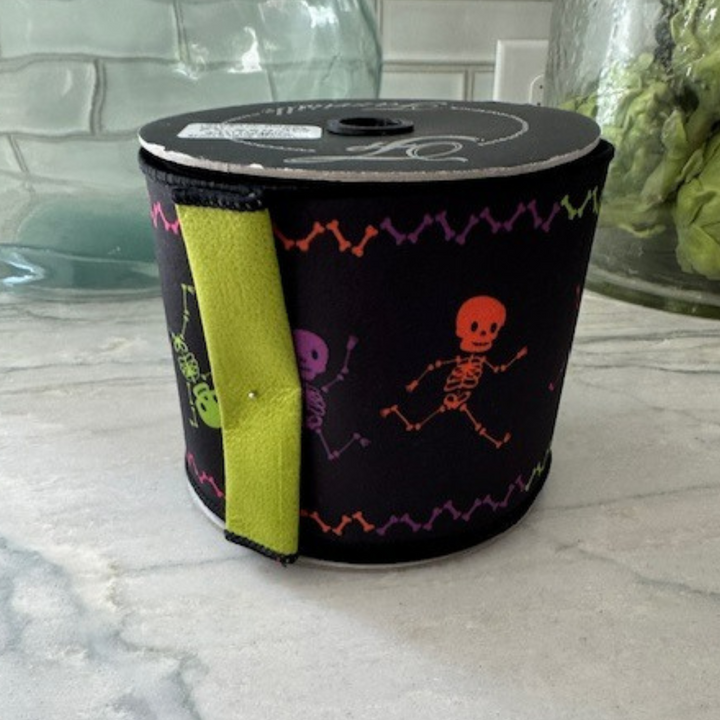 DC Exclusive - Farrisilk 4" x 10 YD Dancing Skeletons in Black with Lime Green back Wired Ribbon