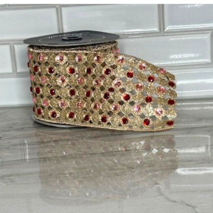 Farrisilk 4" x 5 YD Light Pink and Red Gem Lace Wired Ribbon