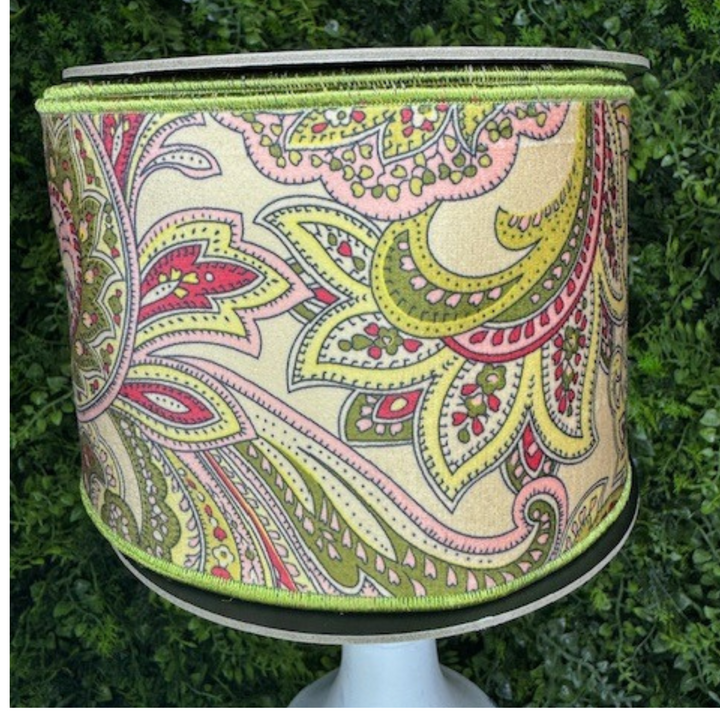 d. stevens 2.5" x 10 yd Green and Red Velour Antique Paisley with Green Dupion Back Wired Ribbon