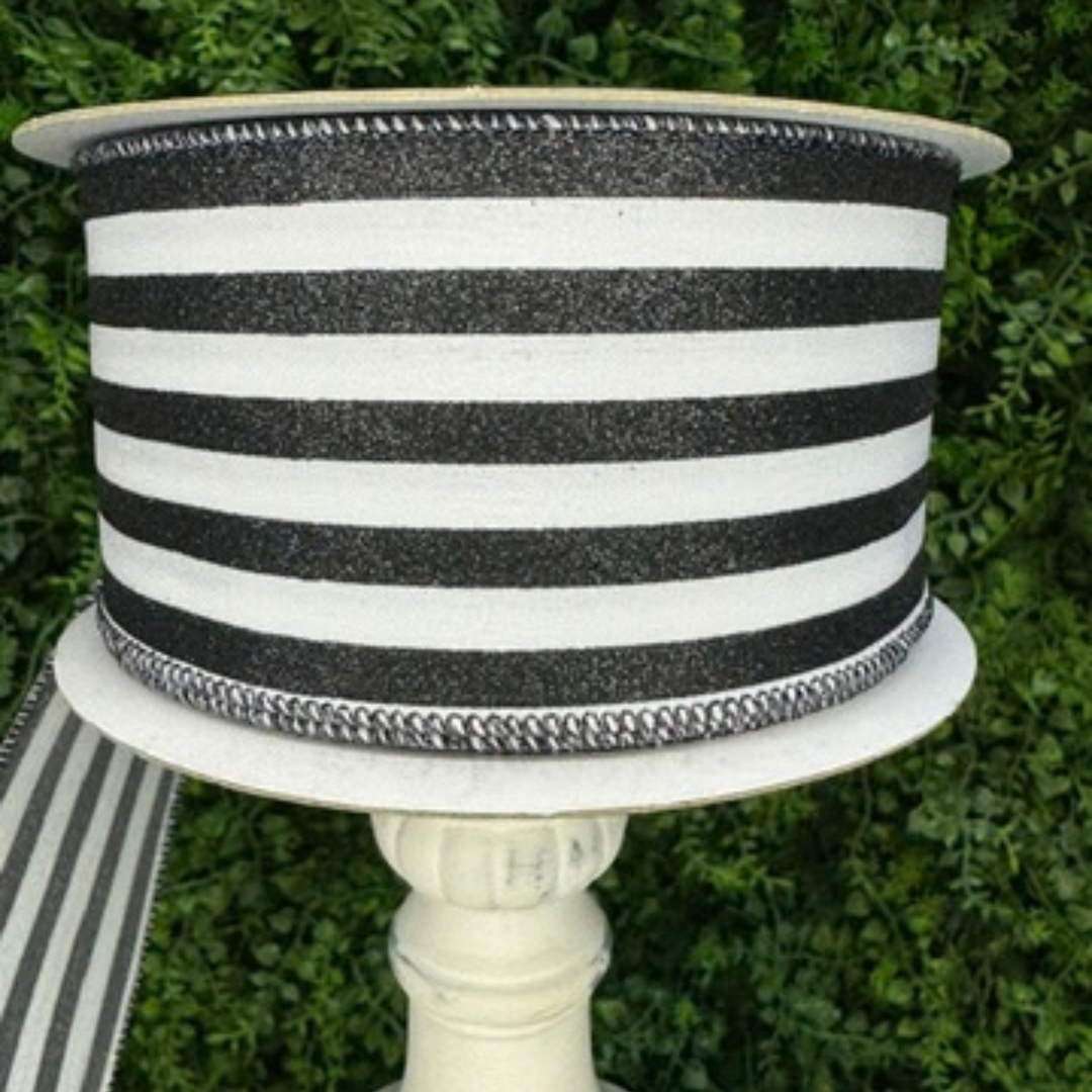 Farrisilk 2.5" x 10 YD Black Mini glitter Stripes Wired Ribbon