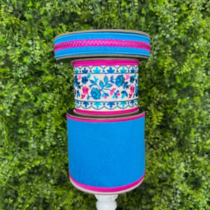 DC Exclusive Farrisilk 1" x 10 YD Turquoie and Hot Pink Belace Wired Ribbon