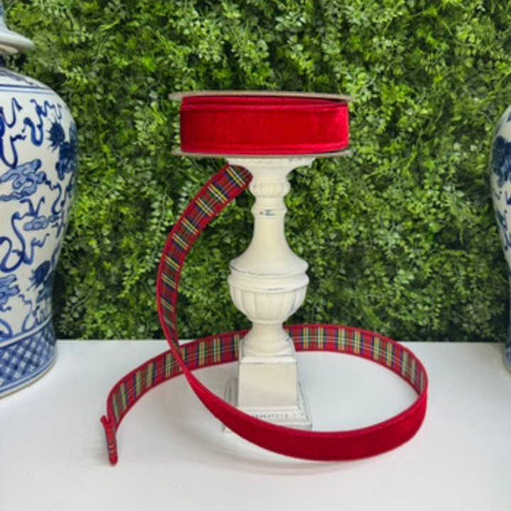 Farrisilk 1.5" X 10 YD Plaid Plush in Red, Green, Blue, White with Red Velvet Back Wired Ribbon