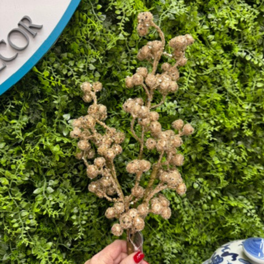RAZ 27 inch Gold Glitter Berry Spray featuring delicate champagne gold glitter berry clusters on branching stems for Christmas wreaths, garlands and holiday floral arrangements.