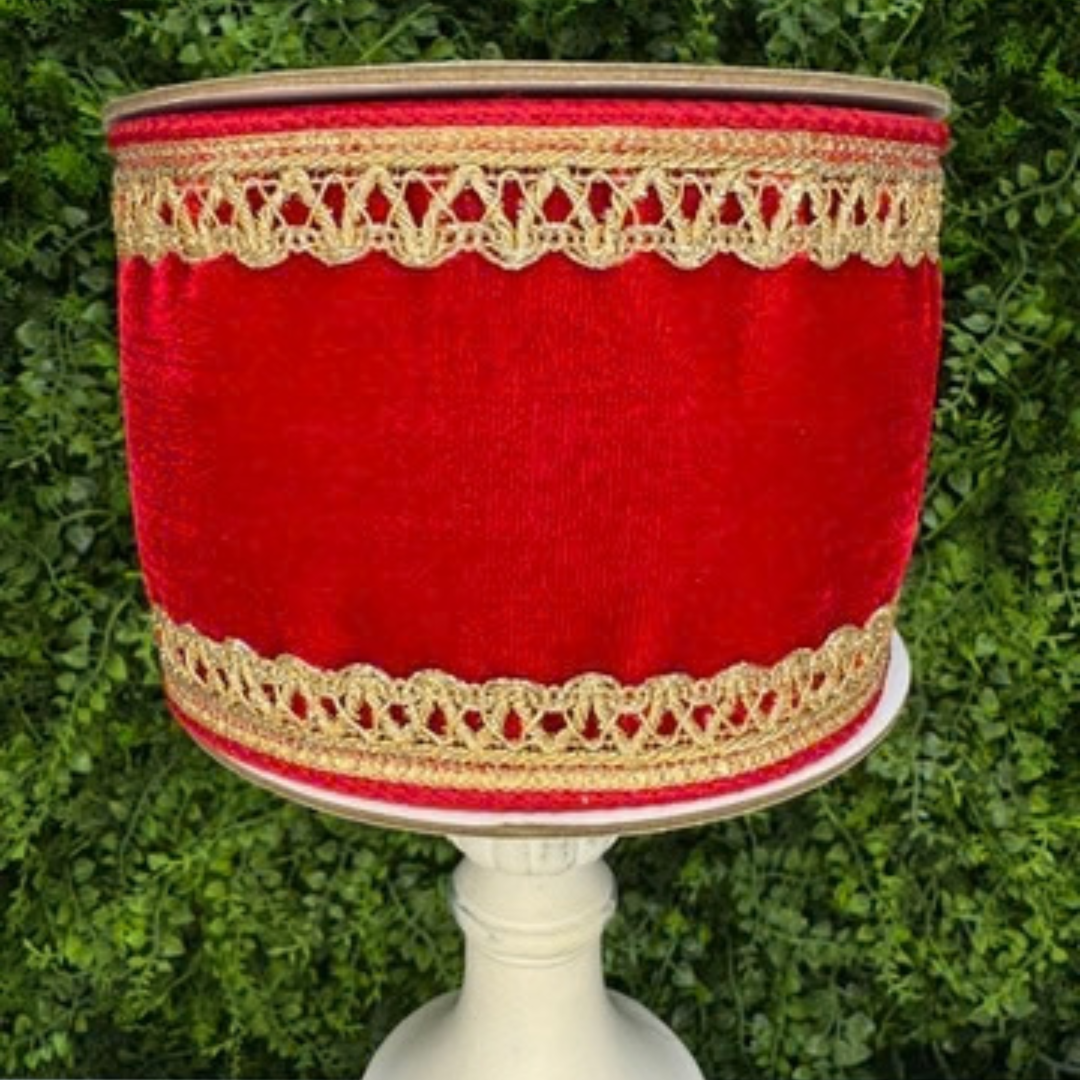 DC Exclusive Farrisilk 4 inch Christmas Rouge red velvet wired ribbon with ornate gold lace trim for luxury Christmas bows, wreaths and holiday decorating.