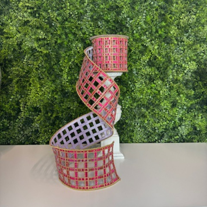 Exclusive Farrisilk 4" x 5 YD Pink and Lavender Window Plaid Wired Ribbon