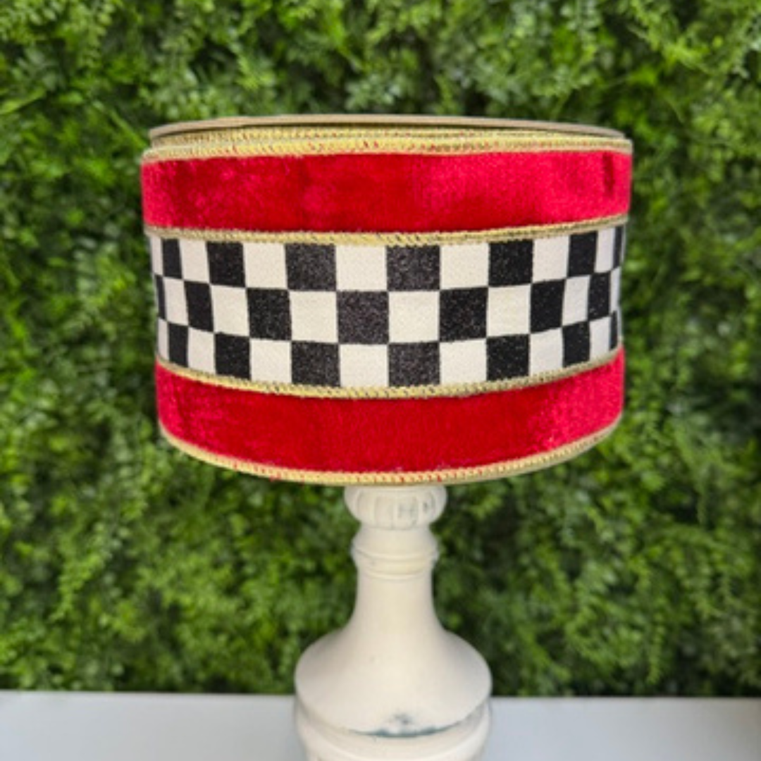 Farrisilk 4" x 5 YD Checks on Red Velvet Wired Ribbon