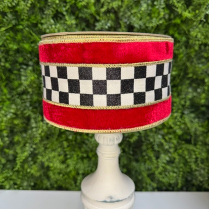 Farrisilk 4" x 5 YD Checks on Red Velvet Wired Ribbon