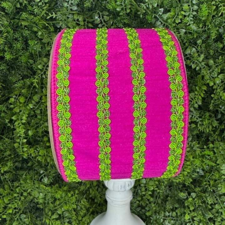 Exclusive Farrisilk 4" x 10 YD Carnival Swirls Wired Ribbon in Hot Pink and Lime Green