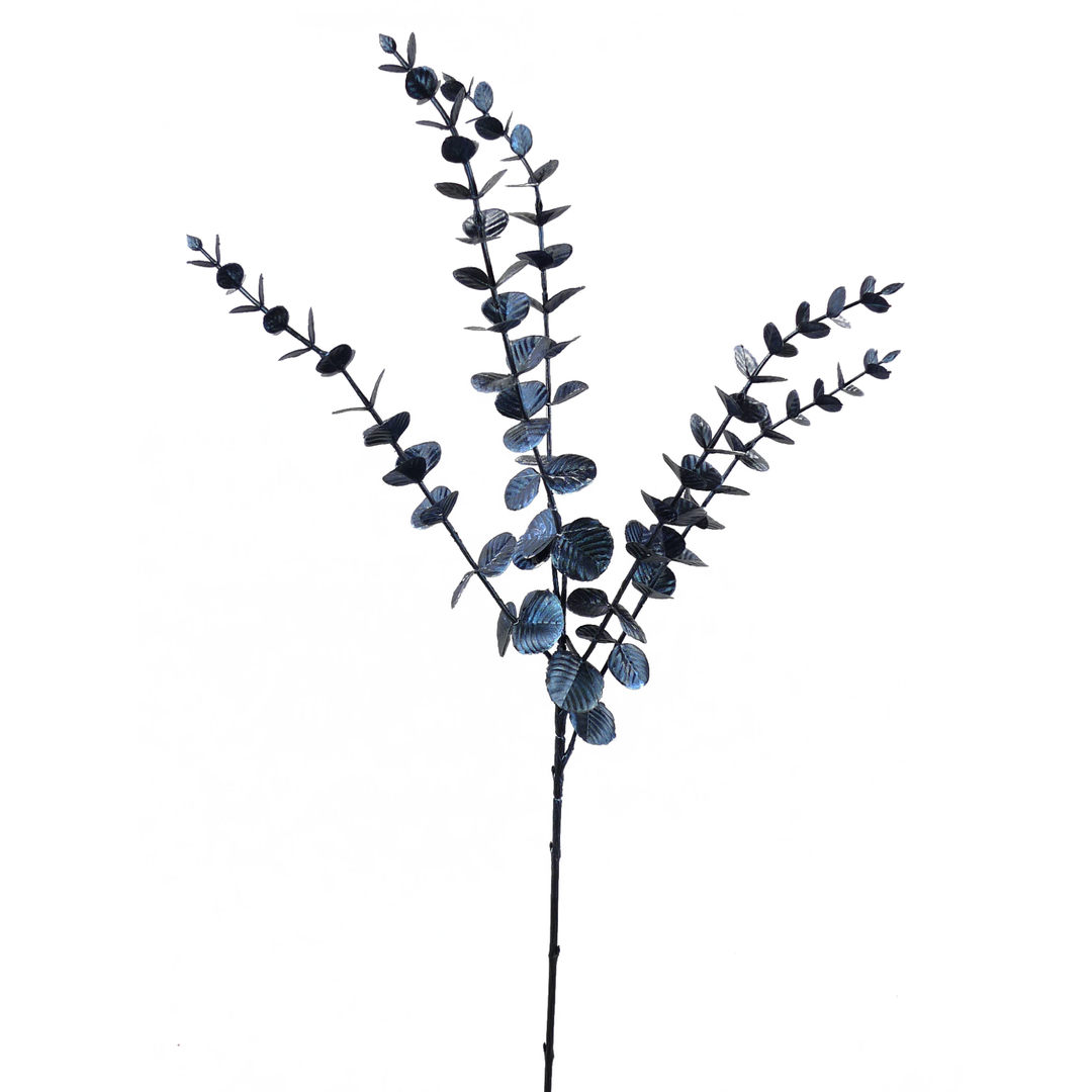 26 inch blue metallic eucalyptus spray featuring textured deep blue leaves and branching stems for Christmas trees, wreaths, garlands and floral arrangements.