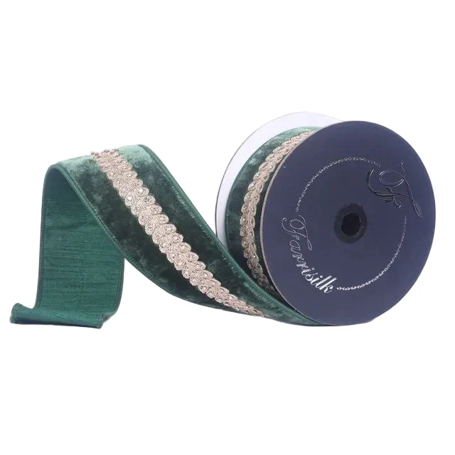 Farrisilk 2.5 inch x 5 yard dark pine green velvet wired ribbon with diamond garland trim for luxury wreath bows, Christmas decorating, floral arrangements, winter weddings, gift wrapping, and elegant home décor