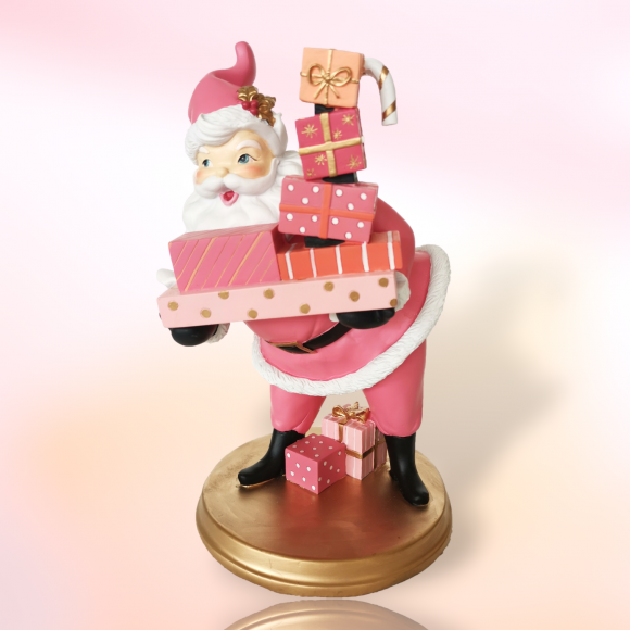 14.5" Resin Retro Pink Santa with Gifts