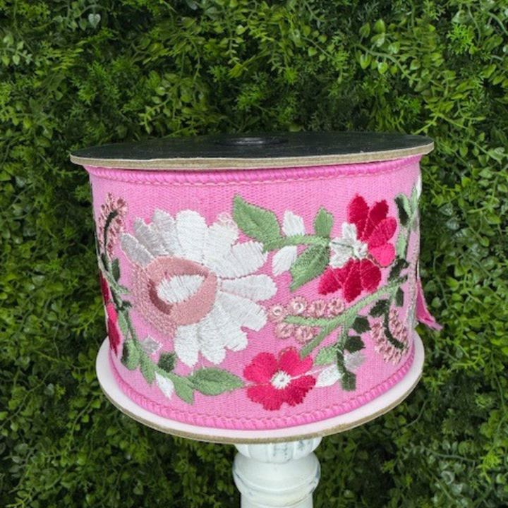 DC Exclusive Farrisilk 3" x 5 YD Summer Garden Embroidered Wired Ribbon in Sage Green, Pink and White