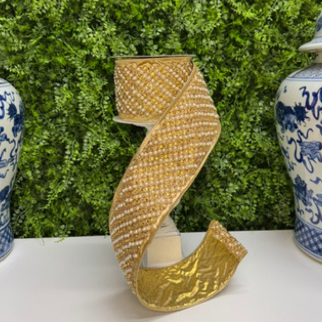 Vickerman 4" x 5 YD Gold Jewel with Pearls Wired Ribbon