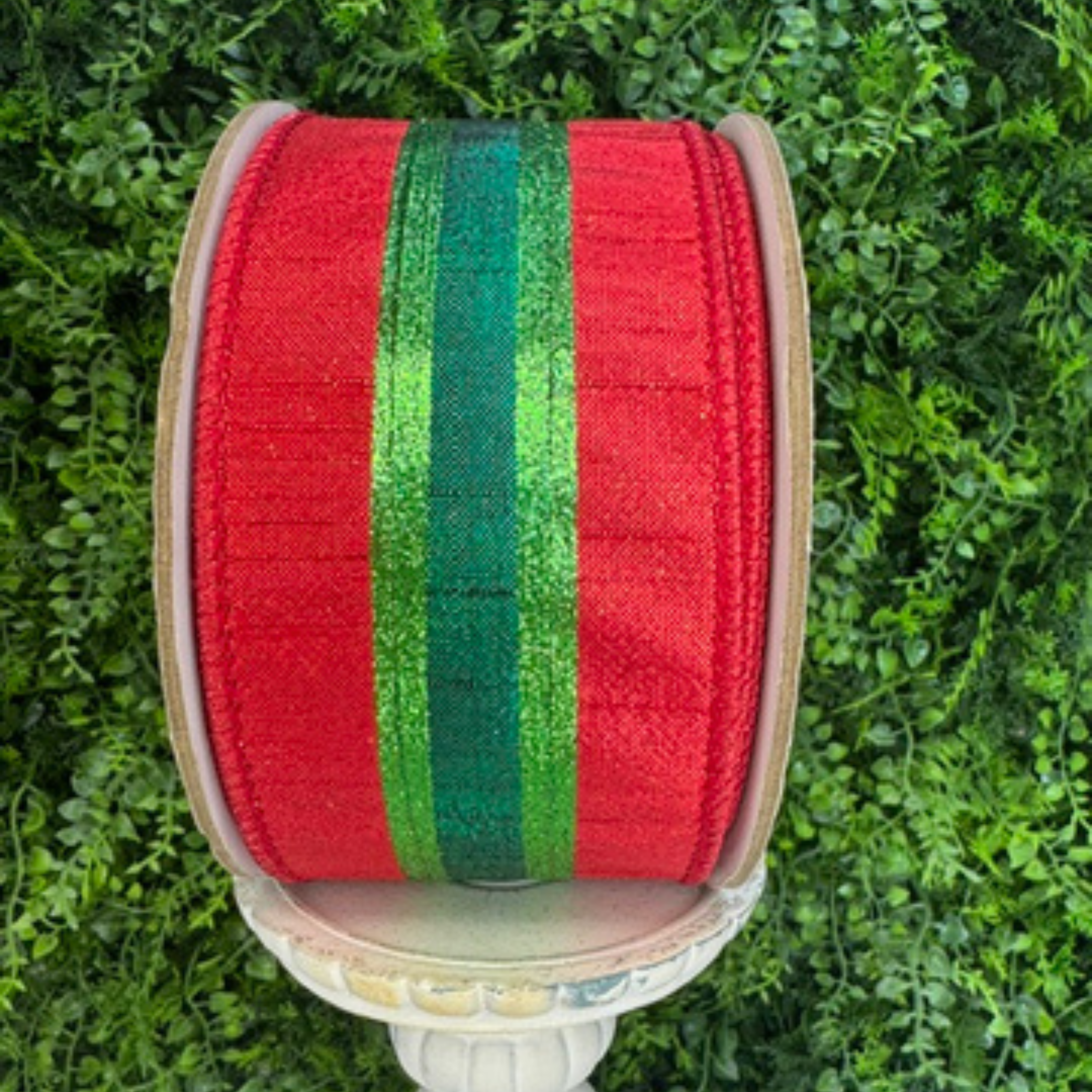 DC Exclusive Farrisilk classic striped wired ribbon in red with emerald and lime green stripes, 2.5-inch designer ribbon for Christmas bows, wreaths, garlands, tree decorating, floral arrangements, gift wrapping, and luxury holiday décor.