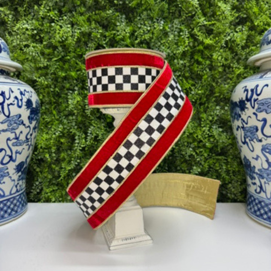 Farrisilk 4" x 5 YD Checks on Red Velvet Wired Ribbon