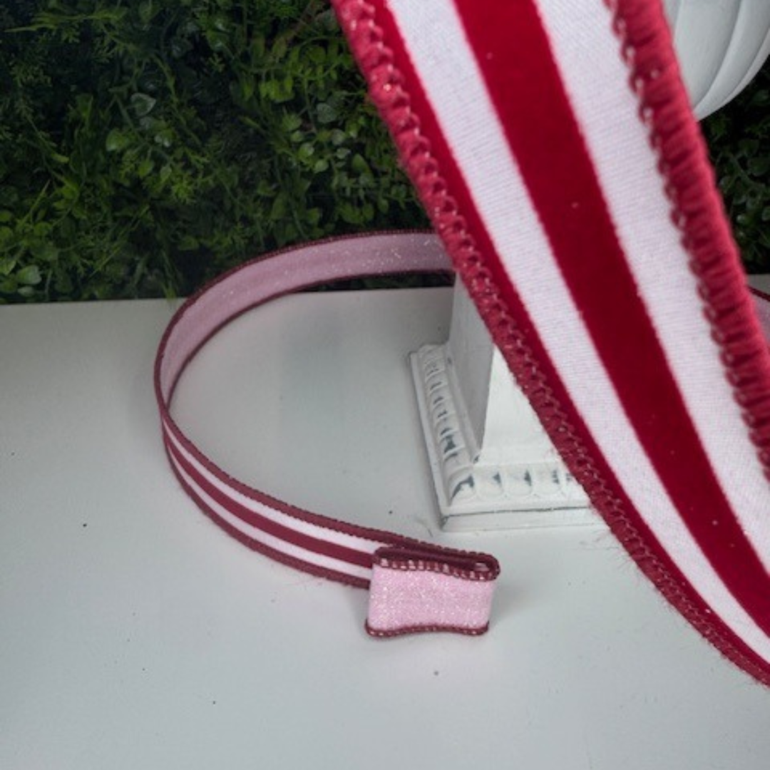 Farrisilk 1" X 10 YD Sugar Stripes in Light Pink and Red Wired Ribbon