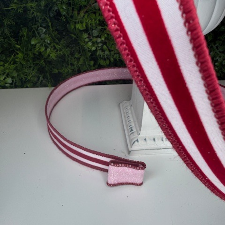 Farrisilk 1" X 10 YD Sugar Stripes in Light Pink and Red Wired Ribbon