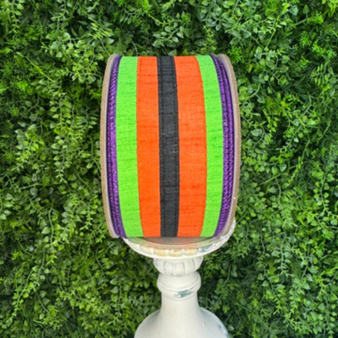 DC Exclusive Farrisilk 2.5 inch x 10 yard Two Tone Dupion orange, lime green, black and purple wired ribbon for Halloween wreath bows and décor