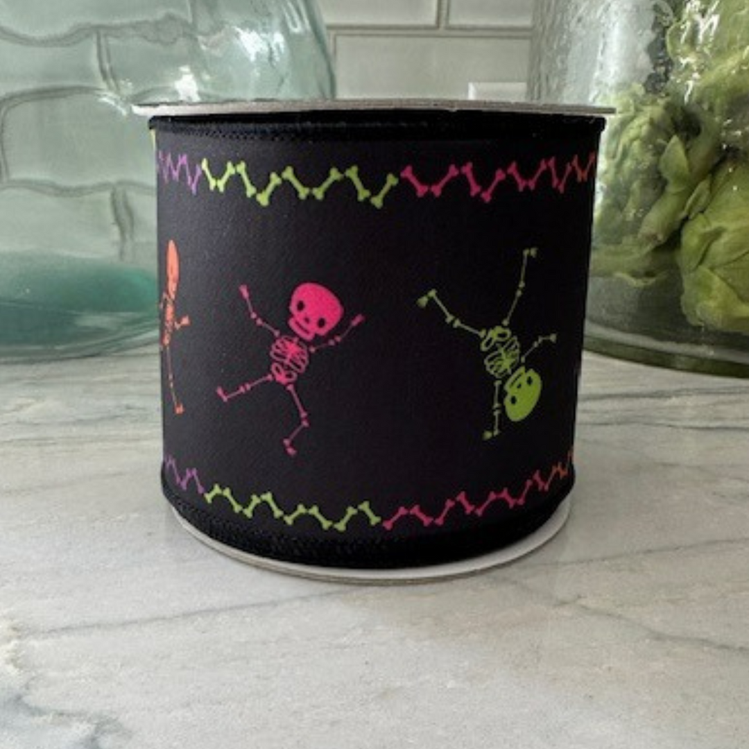 DC Exclusive - Farrisilk 4" x 10 YD Dancing Skeletons in Black with Lime Green back Wired Ribbon