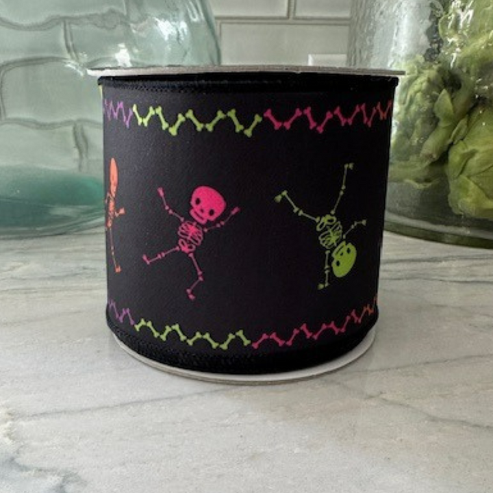 DC Exclusive - Farrisilk 4" x 10 YD Dancing Skeletons in Black with Lime Green back Wired Ribbon