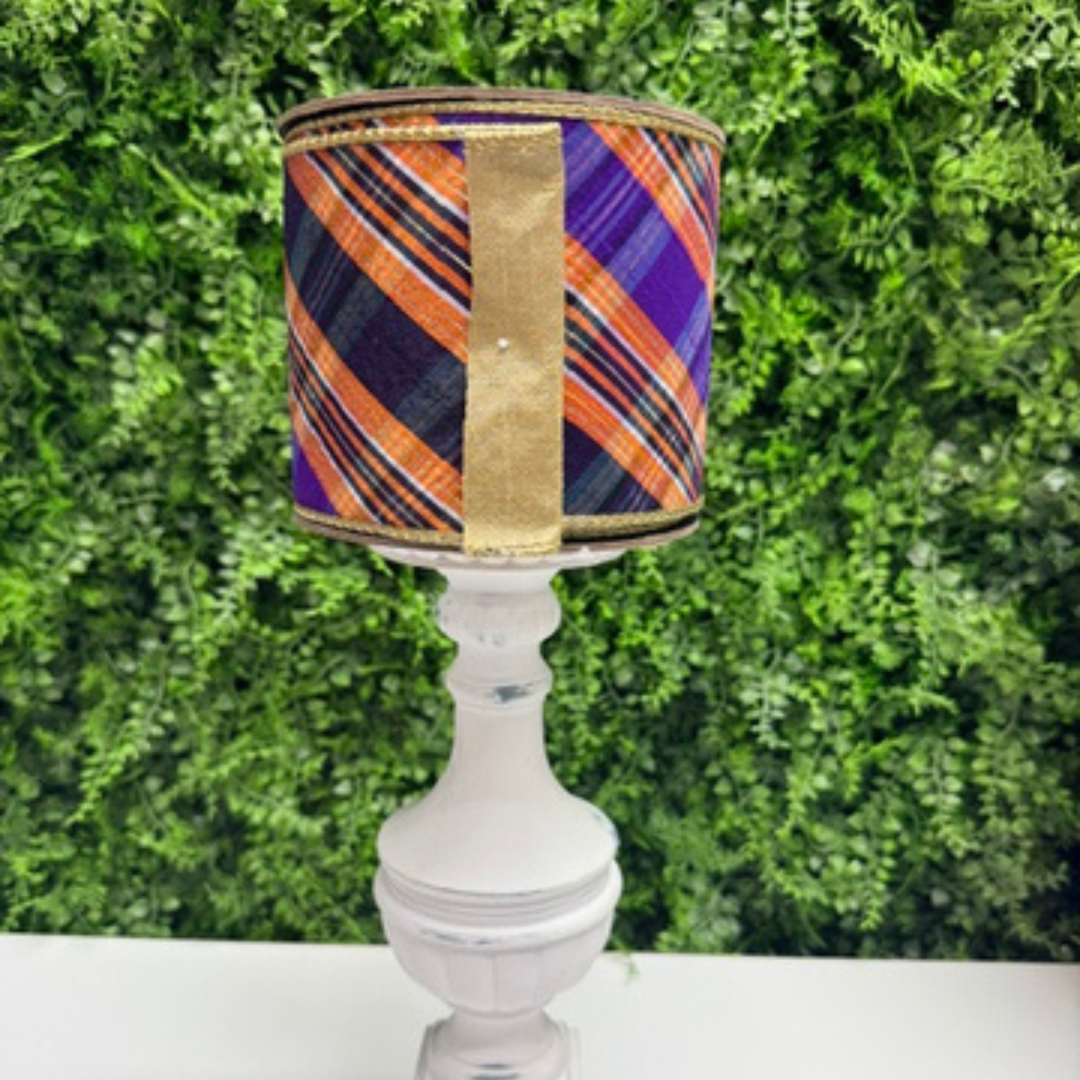 D. Stevens bias cut Salem plaid wired ribbon in orange, black, white, and gold, 1-inch designer ribbon for Halloween bows, Fall wreaths, harvest decorating, floral arrangements, garlands, and seasonal gift wrapping. Wired ribbon has gold back.