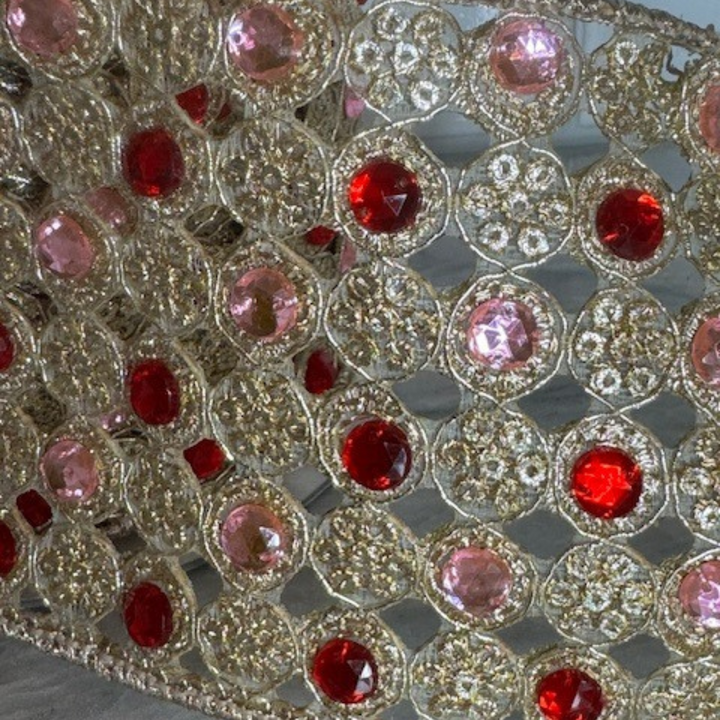 Farrisilk 4" x 5 YD Light Pink and Red Gem Lace Wired Ribbon