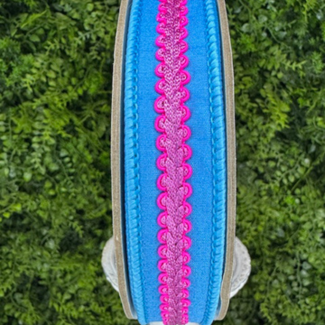 Close-up of a blue and pink braided wired ribbon against a green grass background.