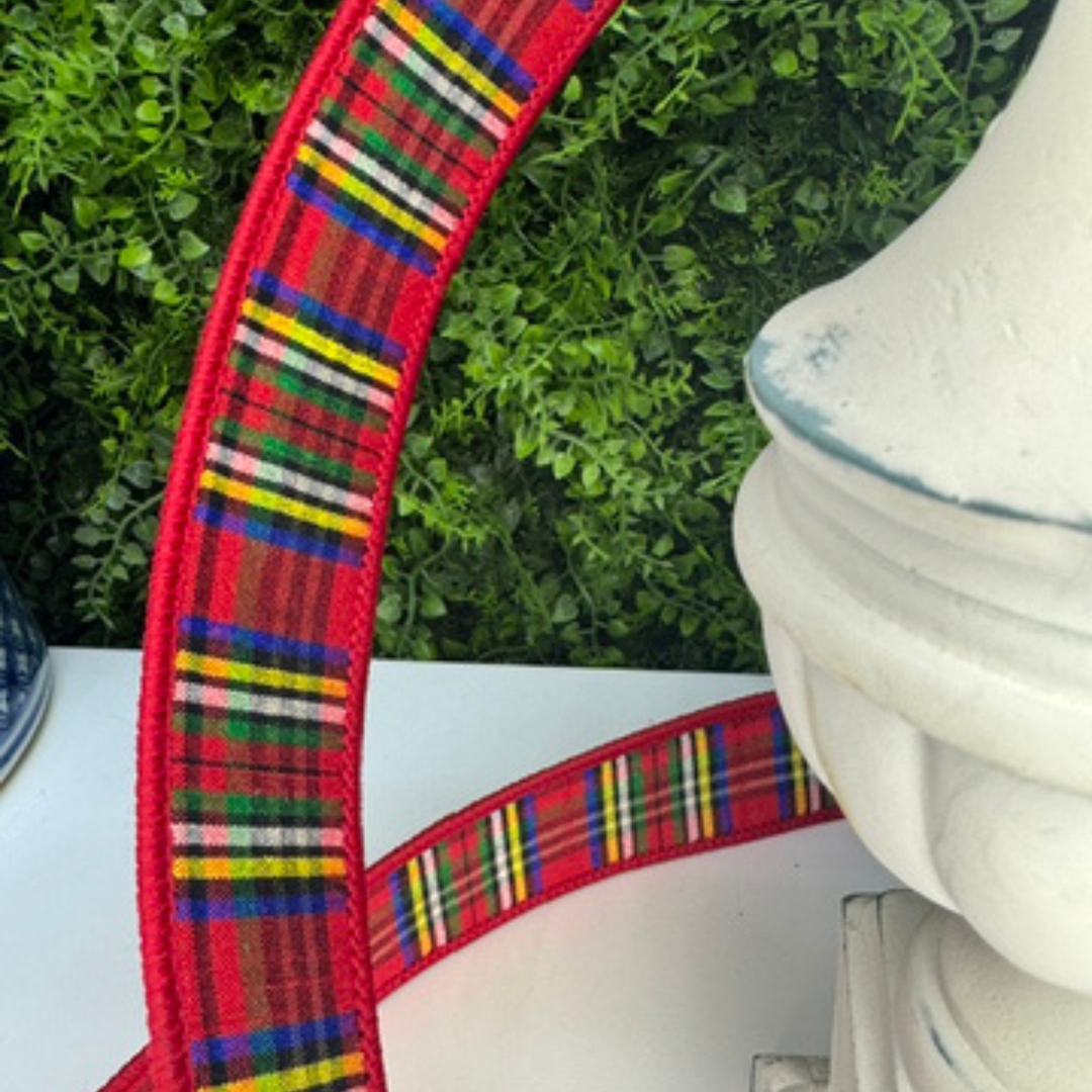 Farrisilk 1.5" X 10 YD Plaid Plush in Red, Green, Blue, White with Red Velvet Back Wired Ribbon