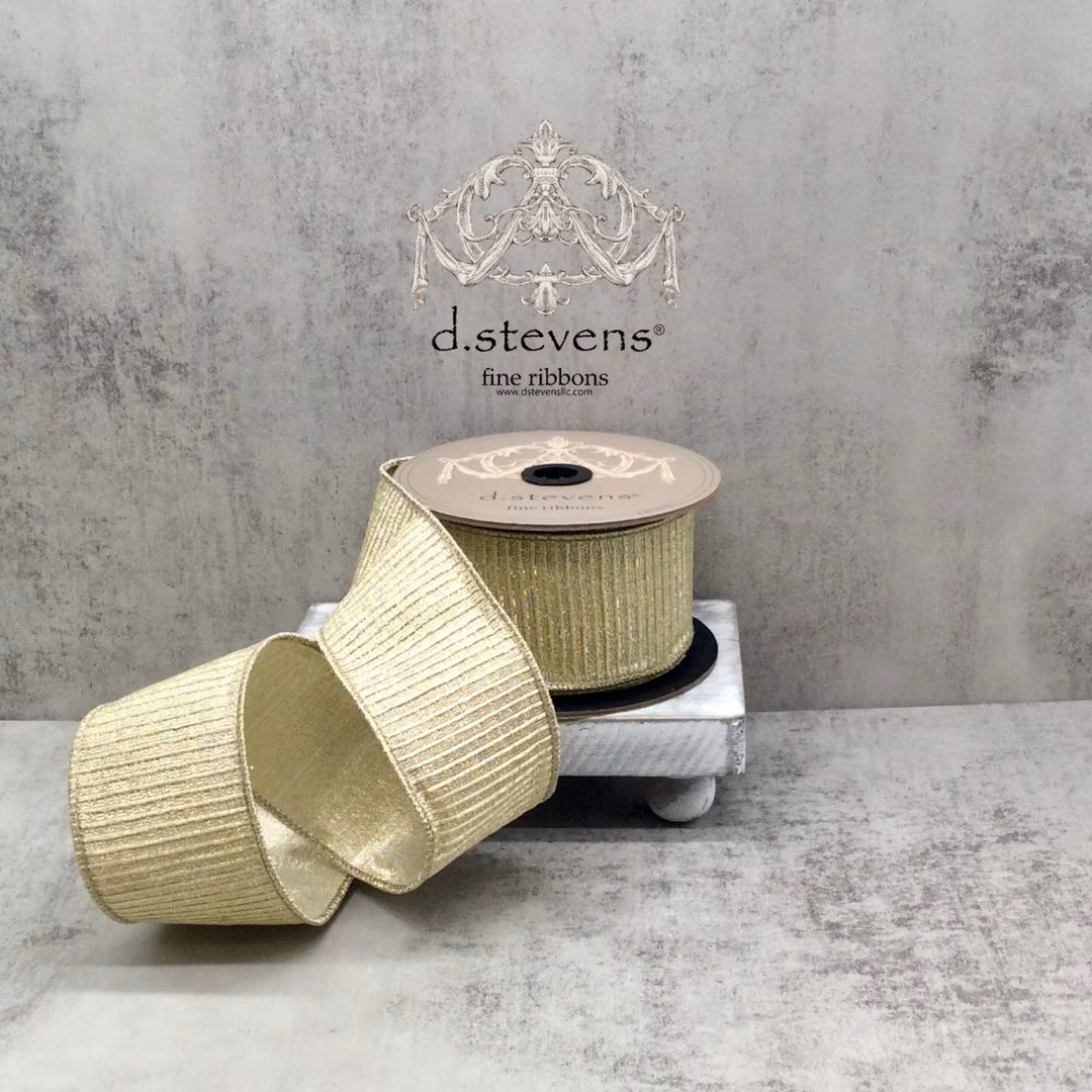 d. stevens 2.5 inch champagne gold pleated lame wired ribbon with metallic shimmer for luxury bows, wreaths, garlands and Christmas décor.