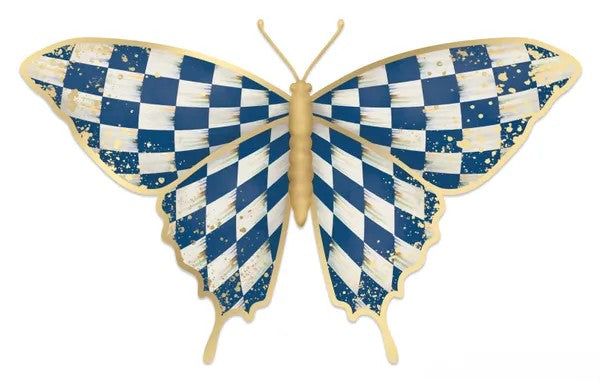 Butterfly with blue and white checkered wings on a white background