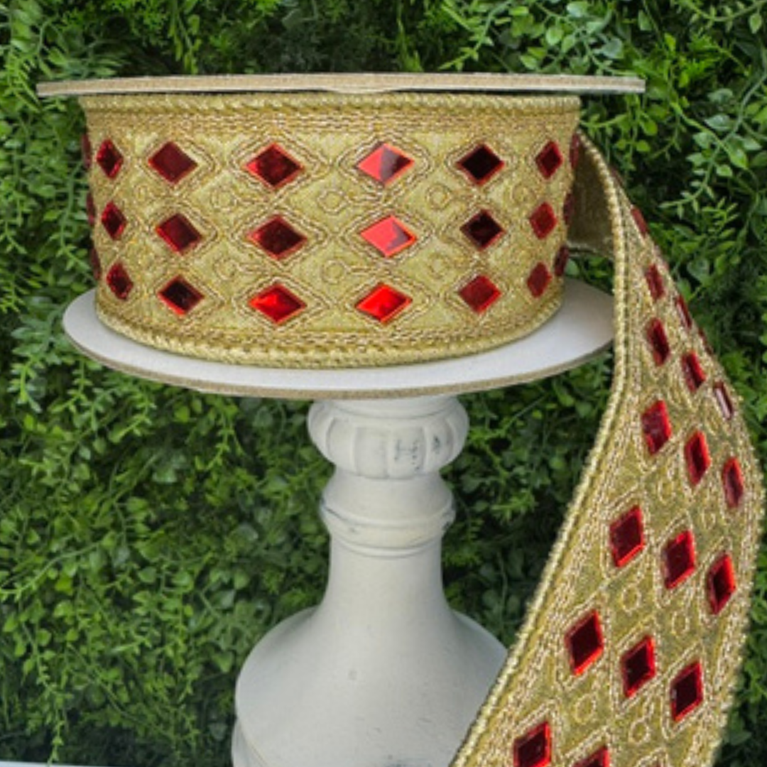 Farrisilk 1.5 inch red and gold Crystal Trim wired ribbon with reflective red diamond jewels and ornate gold detailing for luxury Christmas bows and wreaths.