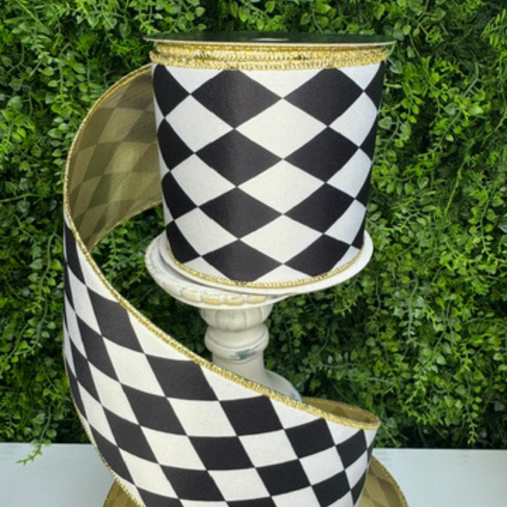 Farrisilk 4 inch x 10 yard black and white Harlequin wired ribbon with metallic gold back for designer bows, wreaths, Christmas trees and luxury décor.
