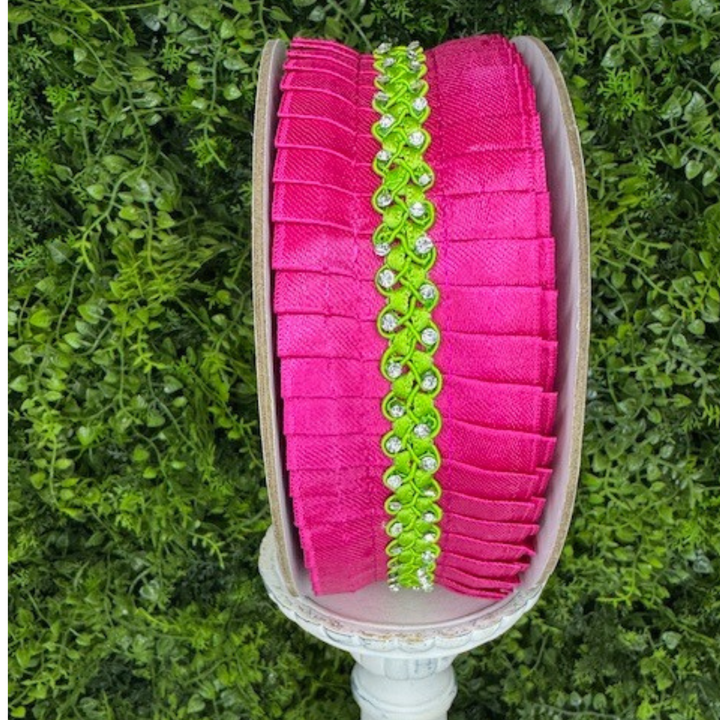 Exclusive Farrisilk 2" x 10 YD Celebration Sparkle Wired Ribbon in Hot Pink and Lime Green