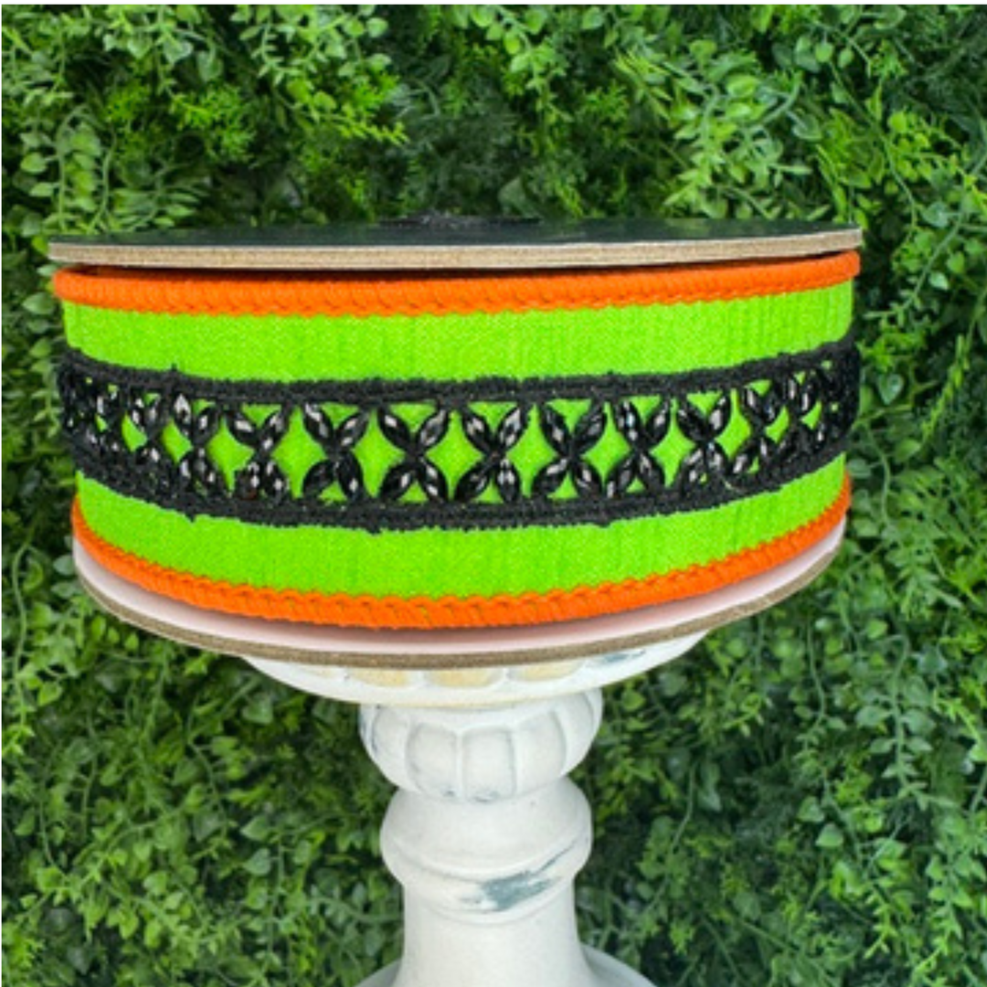DC Exclusive Farrisilk 1 inch x 5 yard Spooky Jewel lime green and orange wired ribbon with black jewels for Halloween bows, wreaths and décor