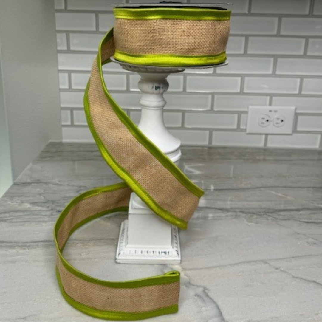 DC Exclusive - Farrisilk 2.5" X 10 Color Block Burlap Wired Ribbon with Lime Green Edge