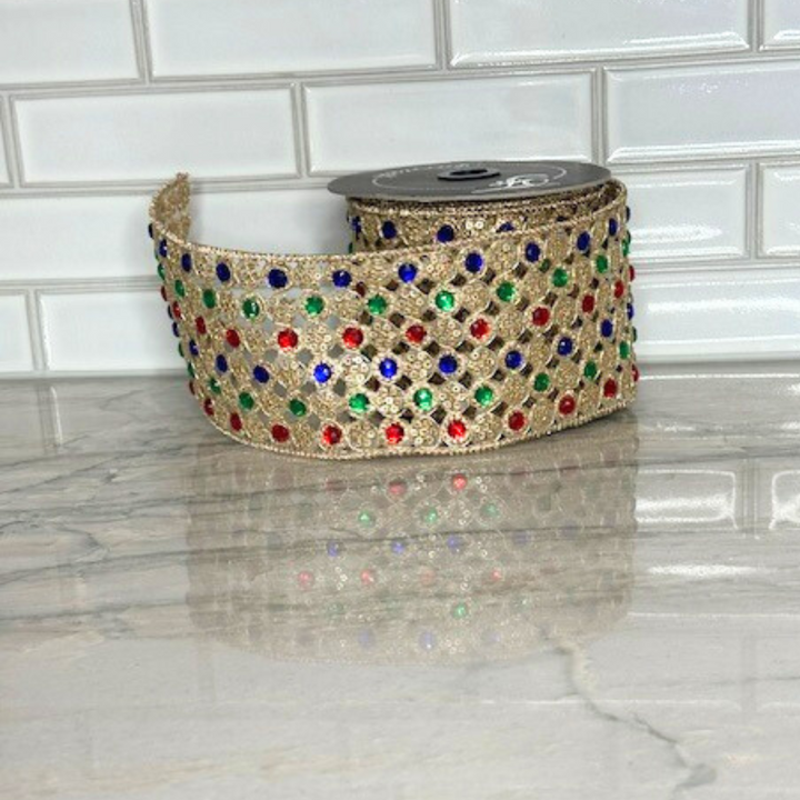 Farrisilk 4" x 5 YD Multi Gem Lace Wired Ribbon