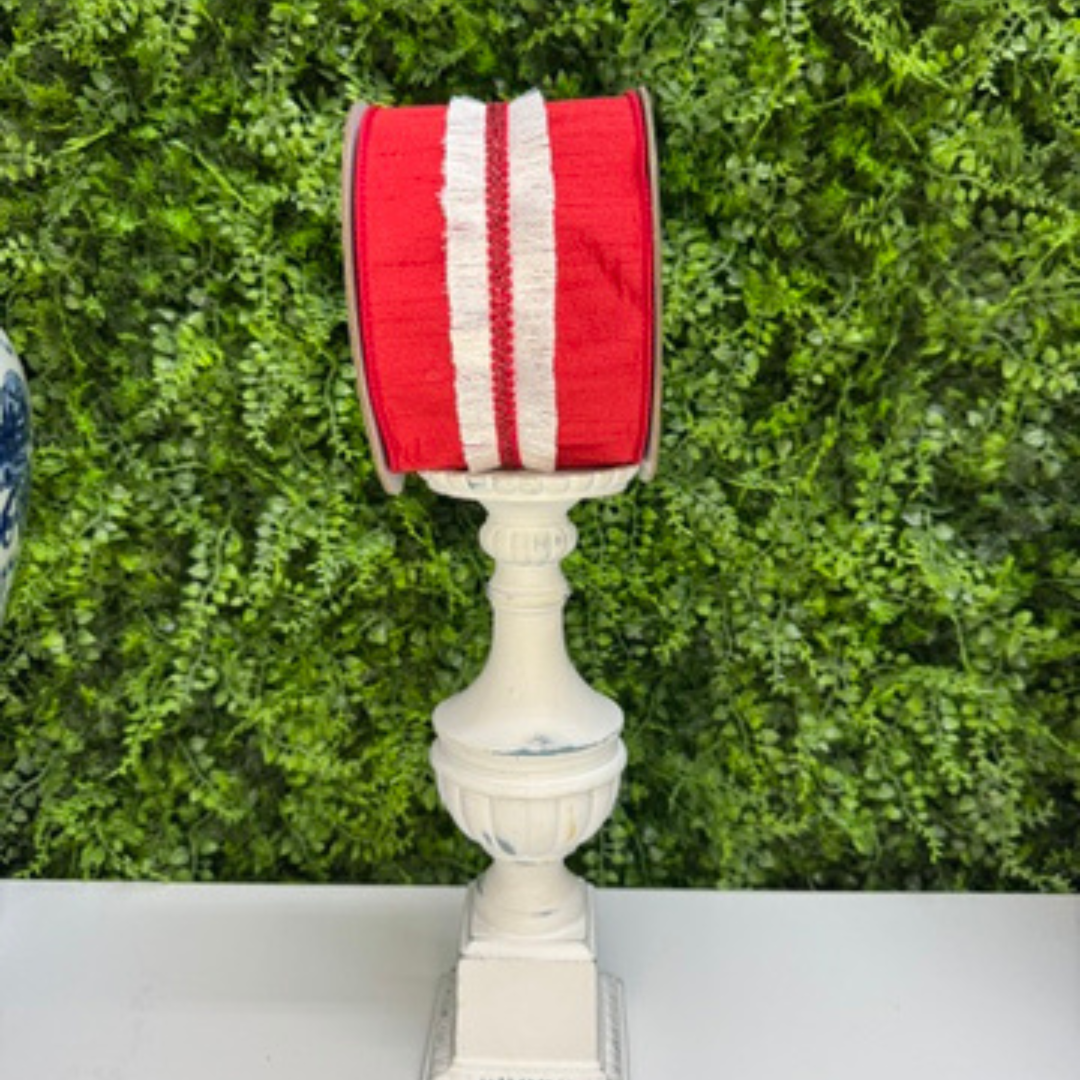 DC Exclusive Farrisilk 4 inch red wired ribbon with white velvety fringe center trim for Christmas bows, wreaths, trees and Valentine’s Day décor.