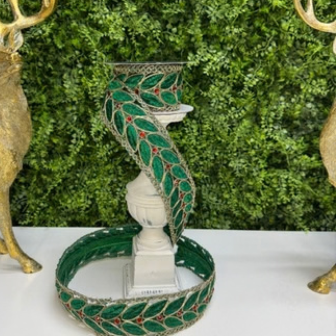 DC Exclusive Farrisilk 2.5" x 5 YD Red, Emerald Green and Gold Laurel Leaf Lace Wired Ribbon