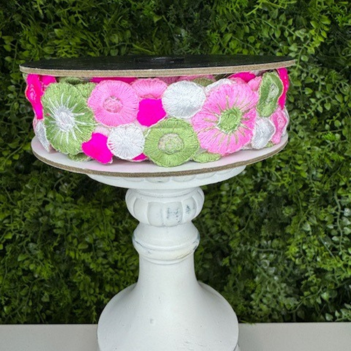 DC Exclusive Farrisilk 1" x 5 YD Rosewood Embroidered Wired Ribbon in Sage Green, Pink and White