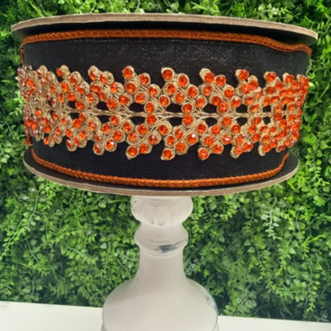 D. Stevens black metallic dupioni wired ribbon with orange jewel branch trim, 2.5-inch designer ribbon for Halloween bows, Fall wreaths, Thanksgiving decorating, harvest displays, floral arrangements, and luxury seasonal home décor.