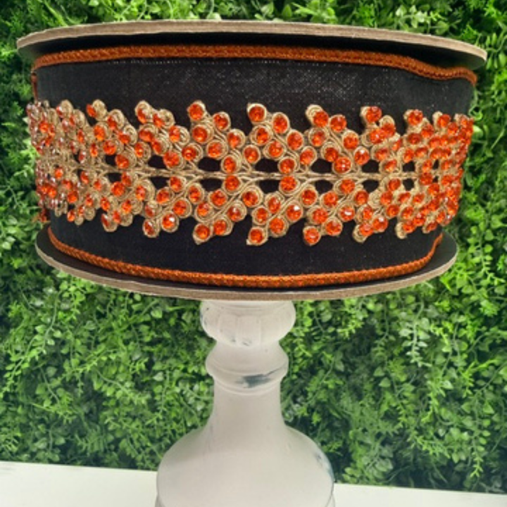 D. Stevens black metallic dupioni wired ribbon with orange jewel branch trim, 2.5-inch designer ribbon for Halloween bows, Fall wreaths, Thanksgiving decorating, harvest displays, floral arrangements, and luxury seasonal home décor.
